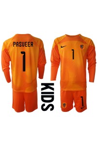 Fotbalové Dres Holandsko Remko Pasveer #1 Brankářské Dětské Venkovní Oblečení MS 2022 Dlouhý Rukáv (+ trenýrky)